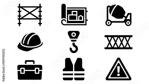 Collection of construction and safety equipment icons including scaffolding blueprint cement mixer hard hat crane hook truss toolbox vest and warning sign silhouette isolated on white background