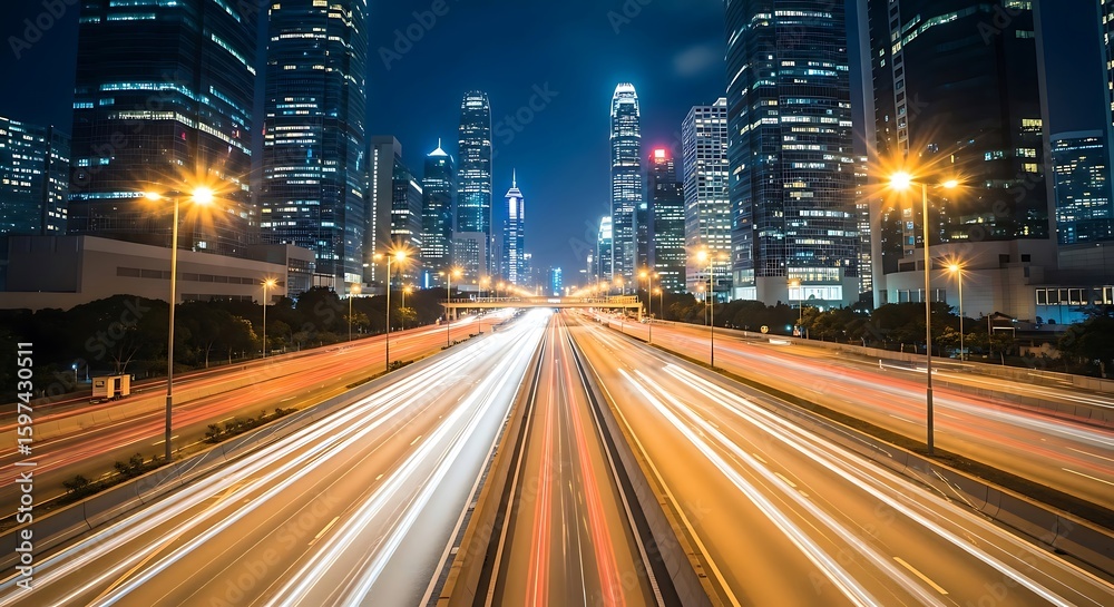 Obraz premium Night cityscape with vibrant light trails of speeding vehicles on a highway, flanked by towering skyscrapers.