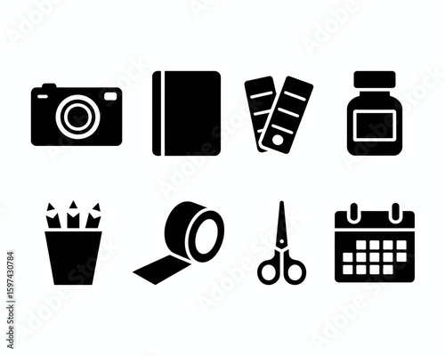 Collection of creative tools and supplies including a camera notebook color swatches ink bottle pencils tape scissors and calendar silhouette isolated on white background