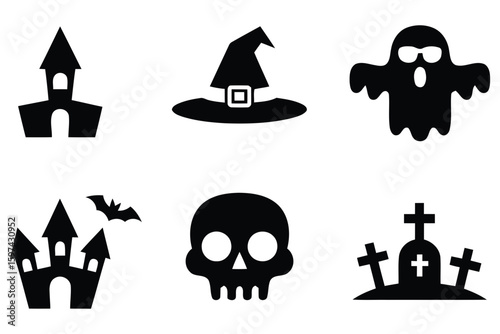 Collection of spooky halloween icons including a haunted house witch hat ghost skull and graveyard silhouette isolated on white background