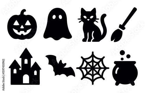 Collection of halloween icons including pumpkin ghost cat broomstick castle bat spiderweb and cauldron silhouette isolated on white background