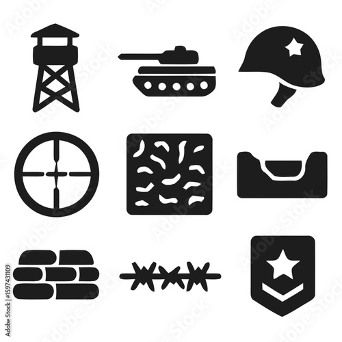 Collection of military icons including a watchtower tank helmet scope camouflage trench sandbags barbed wire and badge silhouette isolated on white background