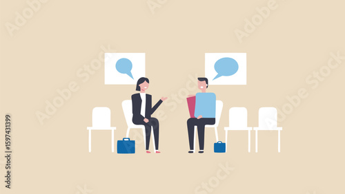 Two people sitting in chairs with speech bubbles above them in a waiting room setting illustration