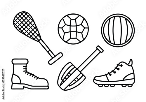 Black outline illustrations of sports equipment and footwear on a white background lacrosse stick soccer ball