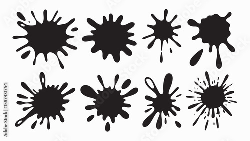 Ink splatter, paint splatter vector set, black paint splashes on white background, artistic design elements. Ideal for logos, branding, abstract art designs