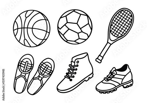 Collection of black and white line art sports equipment including balls and shoes basketball soccer ball