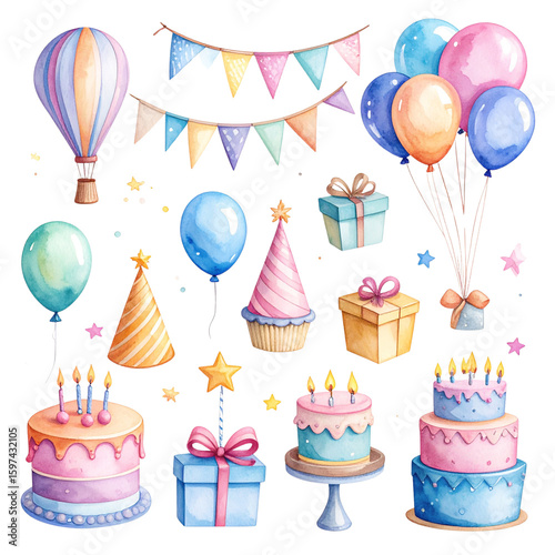 Happy birthday party celebration with cake, candles, balloons, and gifts, a fun vector illustration