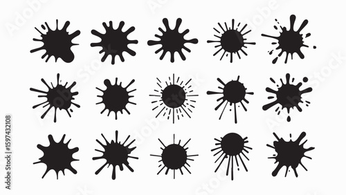 Ink splatter, paint splatter vector set, black paint splashes on white background, artistic design elements. Ideal for logos, branding, abstract art designs