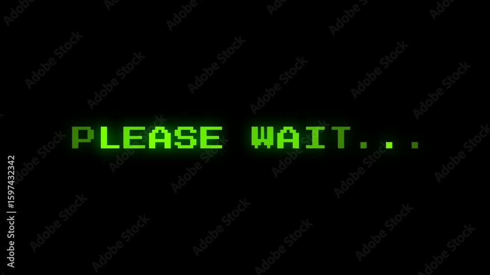 Please Wait Text Animation with pixels and glow green effect on black background. 4K Video.