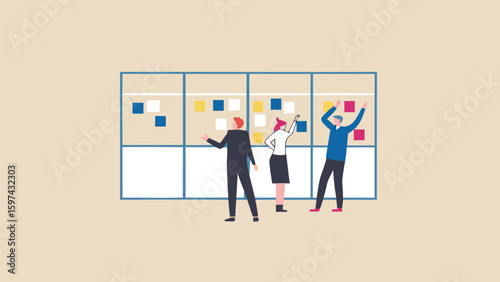 Team members collaborating on a project management board with sticky notes and discussing tasks together