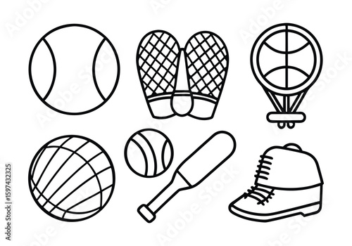 Collection of black line art sports equipment and footwear on white background tennis ball baseball