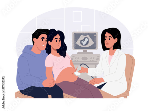 Pregnant woman undergoing ultrasound with supportive partner beside her. Female doctor performs the scan, fetus is visible on the monitor. Concept: maternity, prenatal care, family support.