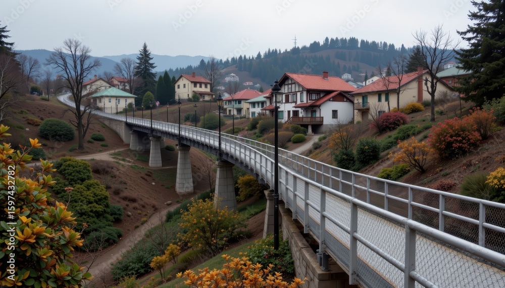Fototapeta premium elevated pedestrian bridge with steps and ramps connecting hill neighborhoods for walkable access