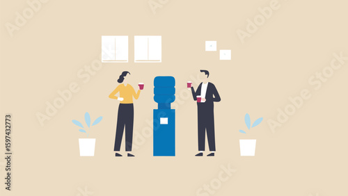 Two people standing near a water cooler in an office setting with windows and plants in the background