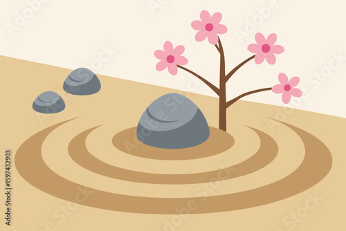 Zen garden with cherry blossoms and raked sand patterns