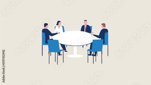 Illustration of five business people sitting around a round table in a meeting room setting