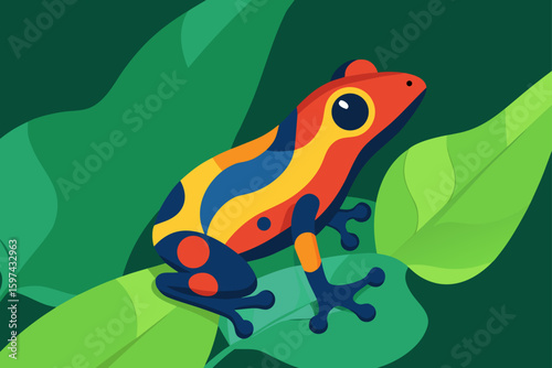 Vibrant poison dart frog perched on lush green leaves