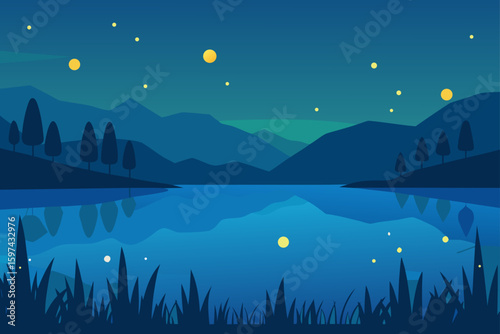 Serene night landscape with mountains lake and fireflies