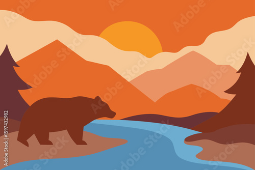 Stylized bear walking beside river during sunset in mountains