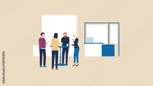 Four colleagues standing around a table in a break room having a casual conversation together at work