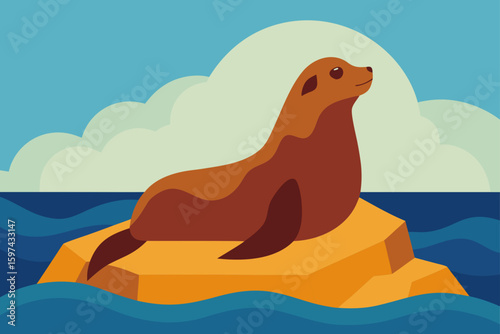 Stylized illustration of a seal resting on a rock in the ocean