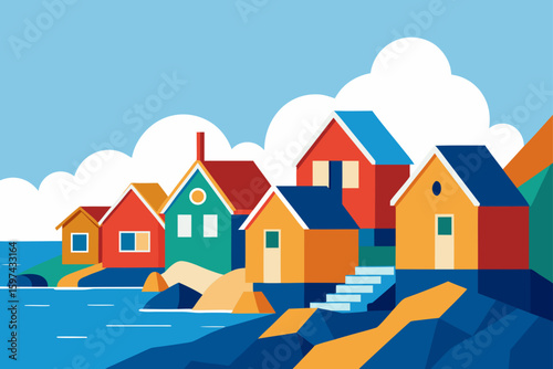 Colorful scandinavian village houses on a rocky coast with blue sky and clouds