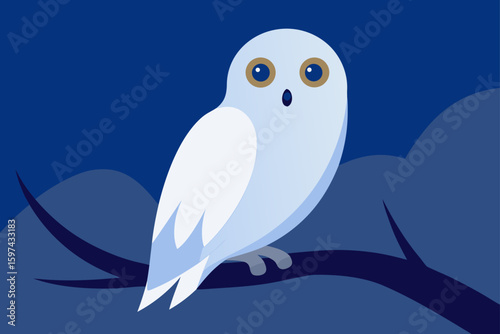 Cute cartoon white owl with big eyes sitting on a branch at night