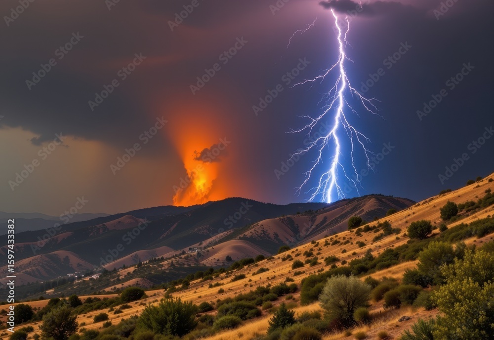 Fototapeta premium lightning striking dry hillside igniting wildfire rapid spread endangering wildlife and hillside settlements increased natural disaster risk during dry seasons