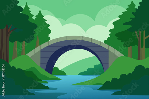 Serene arched stone bridge over a blue river surrounded by lush green forest and rolling hills