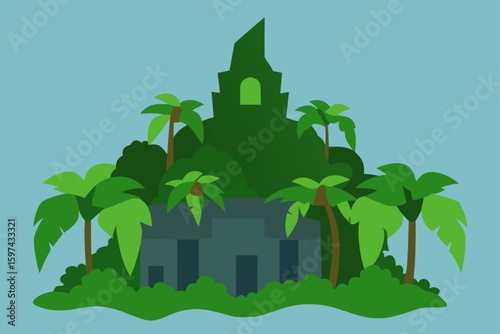 Stylized tropical island with ancient ruins and palm trees
