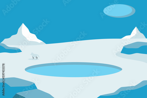 Arctic landscape with a lone wolf near a frozen pool