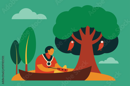 Indigenous person paddling a canoe near a large tree with birds