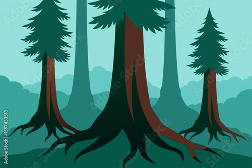 Stylized illustration of a serene forest with towering redwood trees