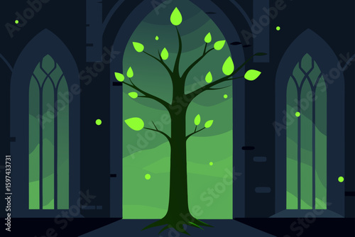 Enchanted tree grows in dark gothic cathedral with glowing lights