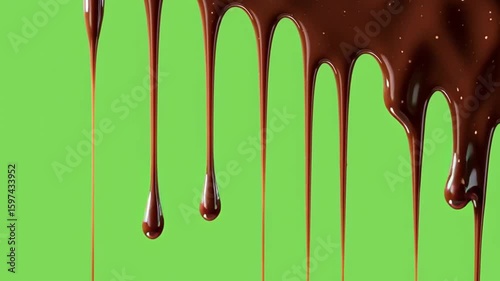 Dark Chocolate Drips: An eye-level close-up of smooth, rich dark chocolate elegantly cascading downwards against vibrant, chroma key green backdrop, a visual feast for the senses.