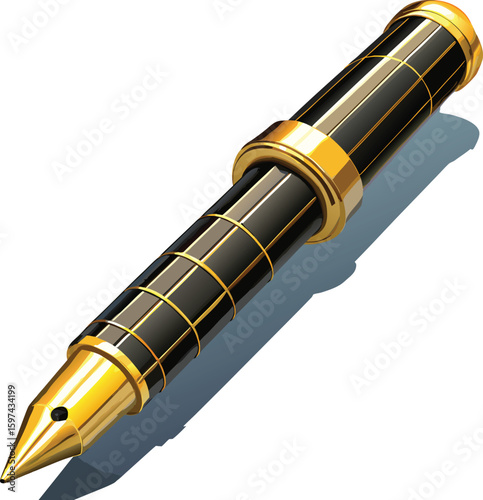 Exquisite Fountain Pen: A close-up shot captures a luxurious fountain pen, its gold accents gleaming against a polished black body, a symbol of elegance and timeless writing.