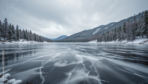 Frozen lake surrounded by pine trees and snowy hills, cloudy winter sky, peaceful atmosphere, professional nature photography, high-resolution
