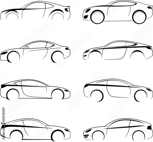 Sleek automobile outlines in black and white vehicle silhouette