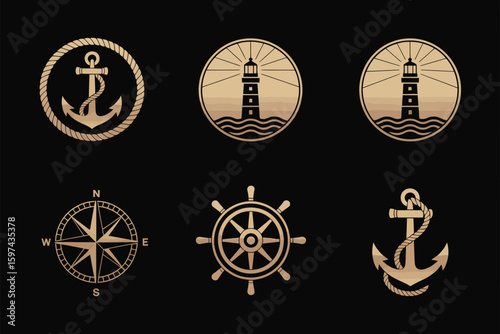 Vintage Nautical Emblem Set — Flat Vector Anchors, Helm, and Maritime Design Elements for Marine Graphics
