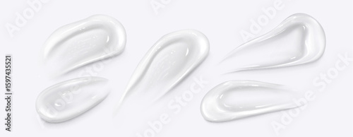 White cosmetic gel smear samples - glossy cream texture swatches, thick transparent skincare product strokes for beauty lotion testing, moisturizer application or pharmaceutical ointment presentation.