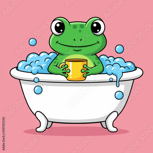Whimsical flat vector illustration of a cheerful green frog relaxing in a white clawfoot bathtub filled with blue bubbles, sipping from a yellow mug, set against a soft pink background