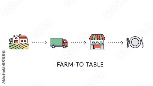 Farm to table concept infographic showing the process from agriculture and delivery to local market and restaurant.