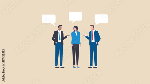 Three business professionals in suits having a conversation with speech bubbles above them exactly one hundred