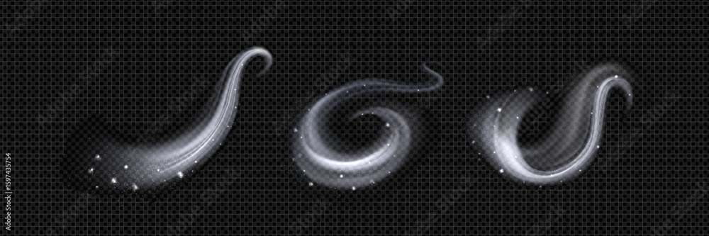 Magic wind snow swirls with sparkling particles - white frosty air streams, glowing winter magic effects and icy spiral gusts for fantasy spell casting, blizzard animation or mystical weather graphic.