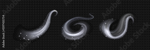 Magic wind snow swirls with sparkling particles - white frosty air streams, glowing winter magic effects and icy spiral gusts for fantasy spell casting, blizzard animation or mystical weather graphic.