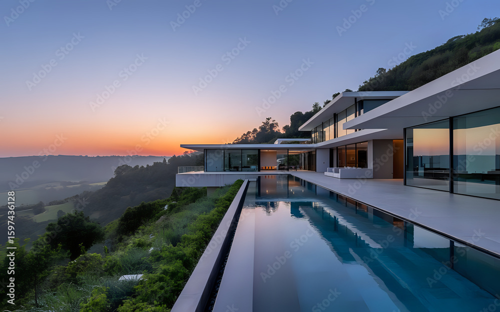 Fototapeta premium Modern Luxury Villa with Infinity Pool at Sunset