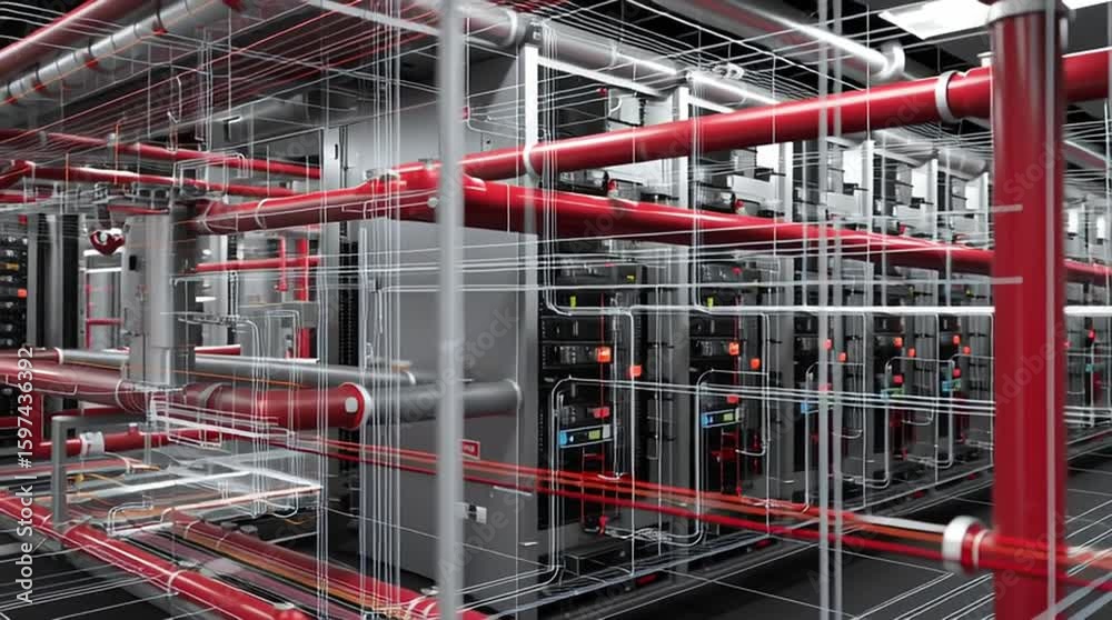 Dcim software. Data Center Infrastructure Management. A complex network of industrial pipes and cables overlain with digital schematic lines in a modern mechanical room. Dcim software. Data Center Infrastructure Management. A complex network of industrial pipes and cables overlain with digital schematic lines in a modern mechanical room.