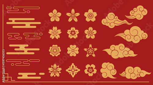 Traditional Asian ornamental elements on red background - golden cloud patterns, cherry blossoms, decorative Japanese and Chinese motifs. Oriental festival design with flowing clouds, sakura flowers
