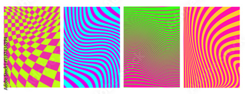 Psychedelic optical illusion backgrounds - vibrant wave patterns with neon colors, distorted checkerboard, flowing stripes. Trippy visual effects for retro posters, hypnotic and groovy artwork design