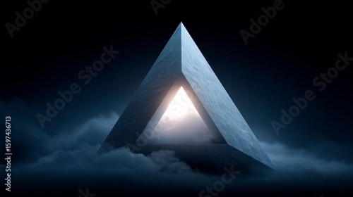 Fototapeta Naklejka Na Ścianę i Meble -  Geometric structure with opening revealing bright light and clouds dark atmospheric background